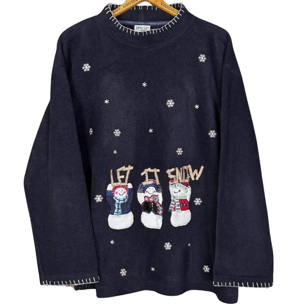 Vintage Fleece Christmas Pullover Sweater Navy Blue  Let It Snow Sweatshirt